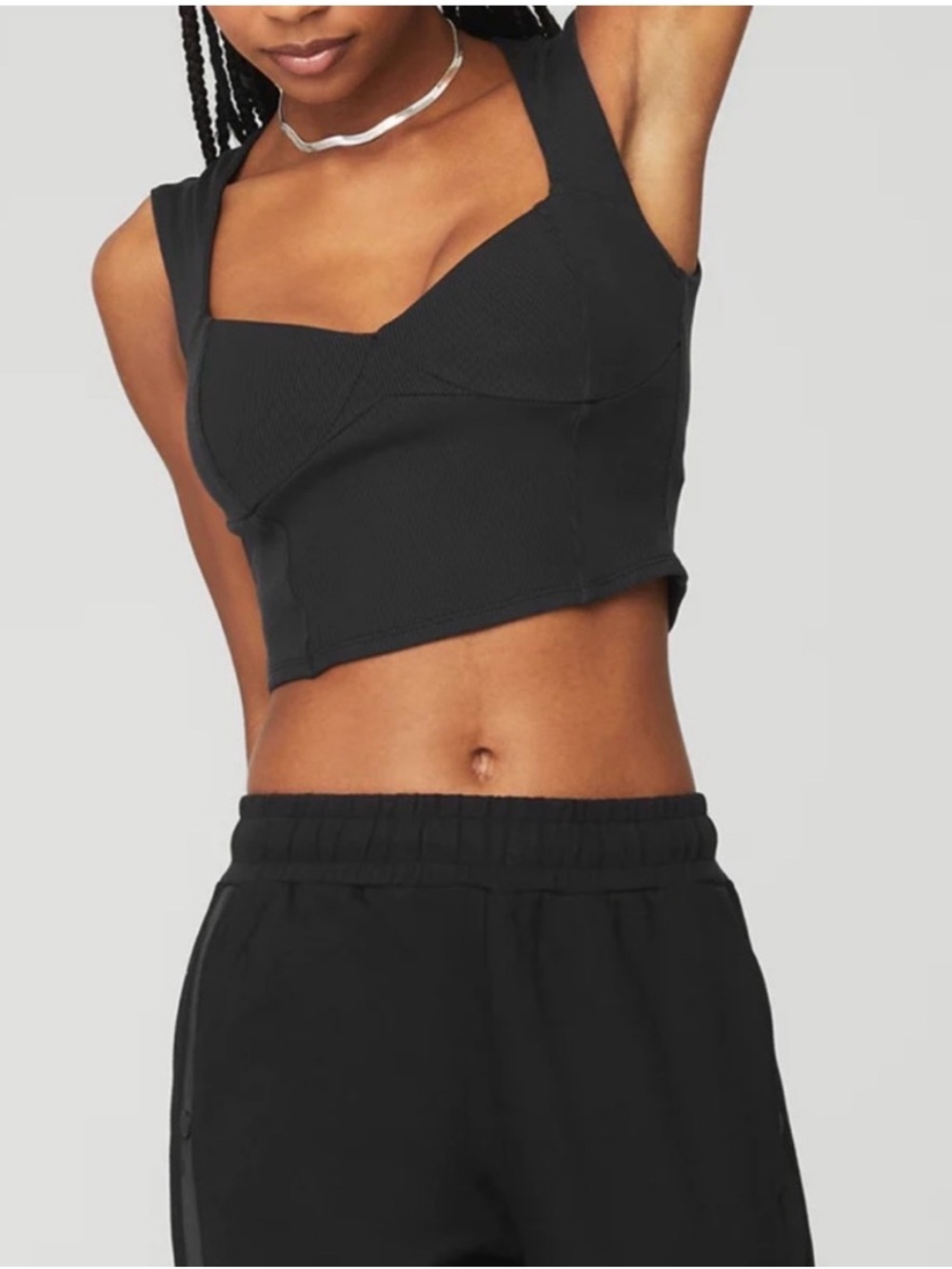 ALO Sz L Black Ribbed Sweetheart Short Sleeve Top